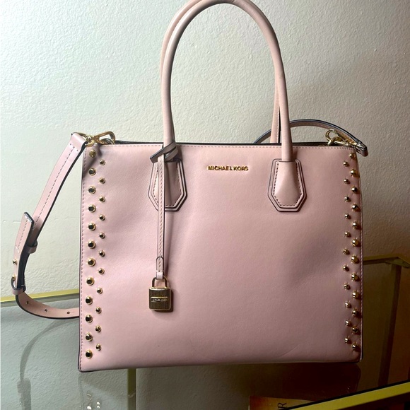 Baby pink, Michael Kors satchel with gold features. - Picture 1 of 7